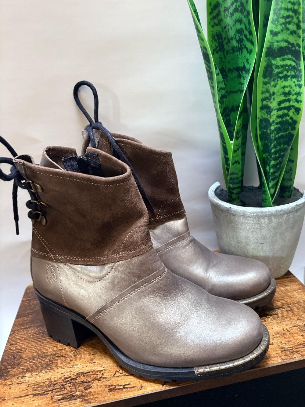 FLY London | "Lesi471Fly" Chunky Brown Suede/Leather Ankle Zip Boots - Women 39